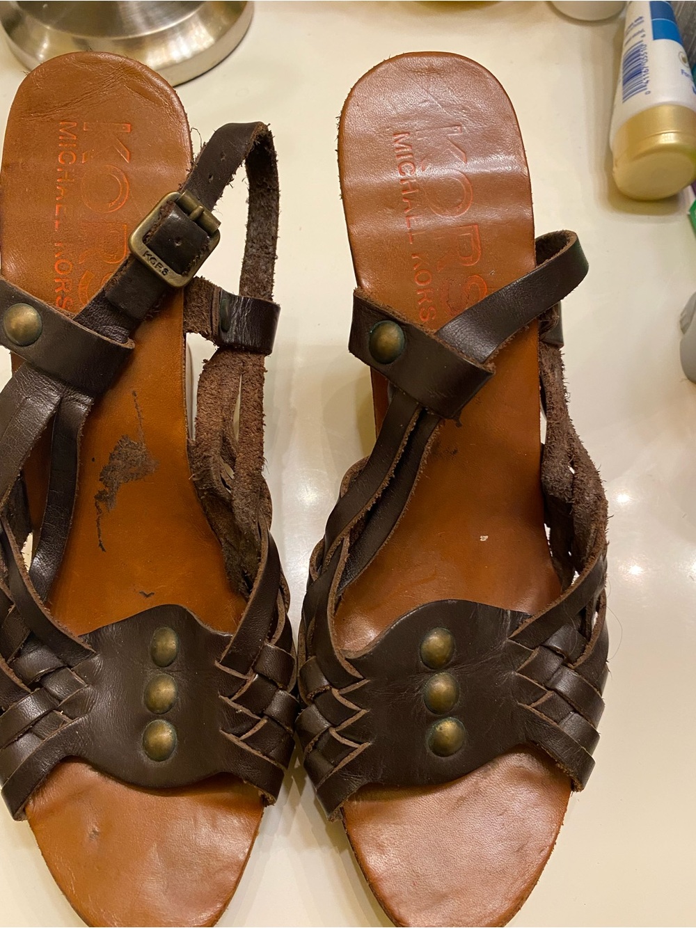 Michael Kors Brown Leather Wedge Sandals